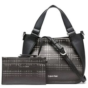 Calvin Klein Black Plaid Top-Handle Tote with Wristlet